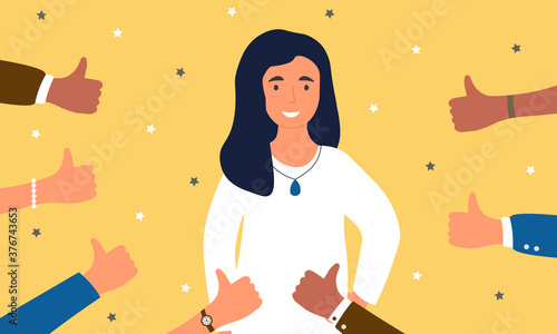 Concept of public approval. A smiling young girl standing surrounded by outstretched hands with tumbs up in approval of her behavior or action. Flat vector illustration