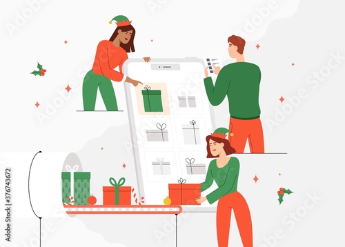 New Years and Christmas banner for social networks, flyer or landing page, cards. Young people or santa claus elves take orders and give out gifts. The concept of online shopping for gifts on holidays