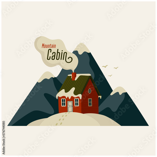 Mountain cabin. Red house in snowy mountains on light background.