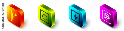 Set Isometric Electrical panel, Electric light switch, Lightning bolt and Electrical outlet icon. Vector.