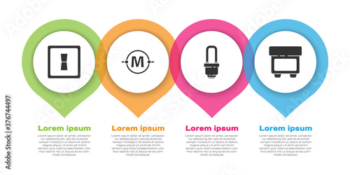 Set Electric light switch, Electric circuit scheme, LED light bulb and Fuse. Business infographic template. Vector.