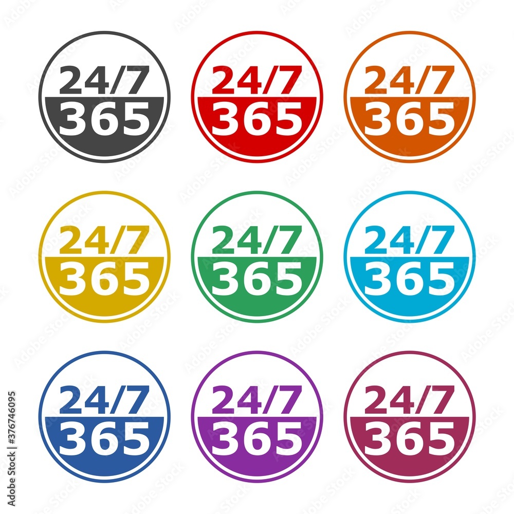 24 7 hours and 365 days icon, color set 24 7 hours and 365 days icon, color set
