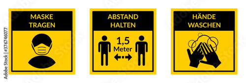 Square Warning Signs in German Showing a Basic Set of Measures against the Spread of Covid-19 including Wear a Face Mask, Keep Your Distance 1,5 Meters and Wash Your Hands. Vector Image.