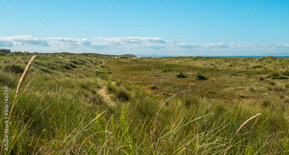 View of sand dunes and beach at Ainsdale, Merseyside. August 2020