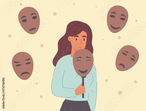 Woman covering her face with masks expressing various emotions. Concept of changing natural personality to conform to social requirements and pressure. Flat vector illustration.