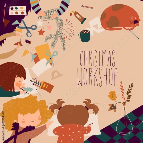 Creative process with child painting and childrens handiwork. Christmas workshop