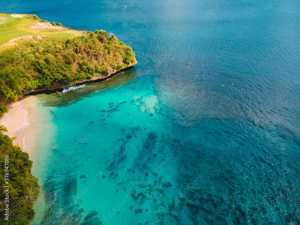 Aerial view of tropical beach with ocean in Bali, paradise beach