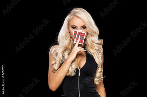 Wallpaper Mural Young woman holding playing cards Torontodigital.ca