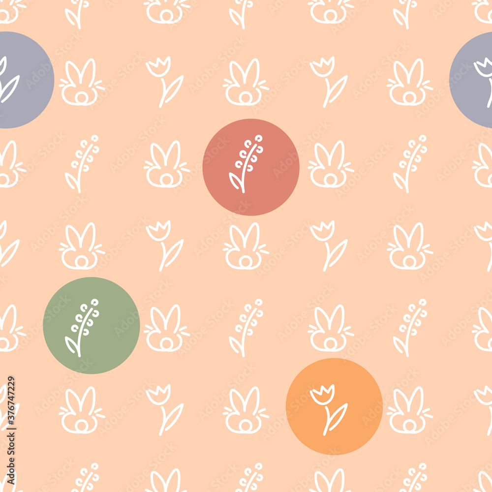 Seamless background with cute drawn rabbits or hares and Botanical patterns . For children's fabrics, textiles, wrapping paper. Vector illustration Seamless background with cute drawn rabbits or hares and Botanical patterns . For children's fabrics, textiles, wrapping paper. Vector illustration