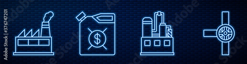 Set line Oil industrial factory building, Oil industrial factory building, Canister for motor machine oil, Industry pipes and valve and Oil rig with fire. Glowing neon icon on brick wall. Vector.