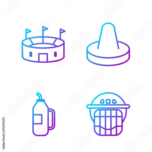 Set line Hockey helmet, Fitness shaker, Hockey stadium and Mallet for playing air hockey. Gradient color icons. Vector.