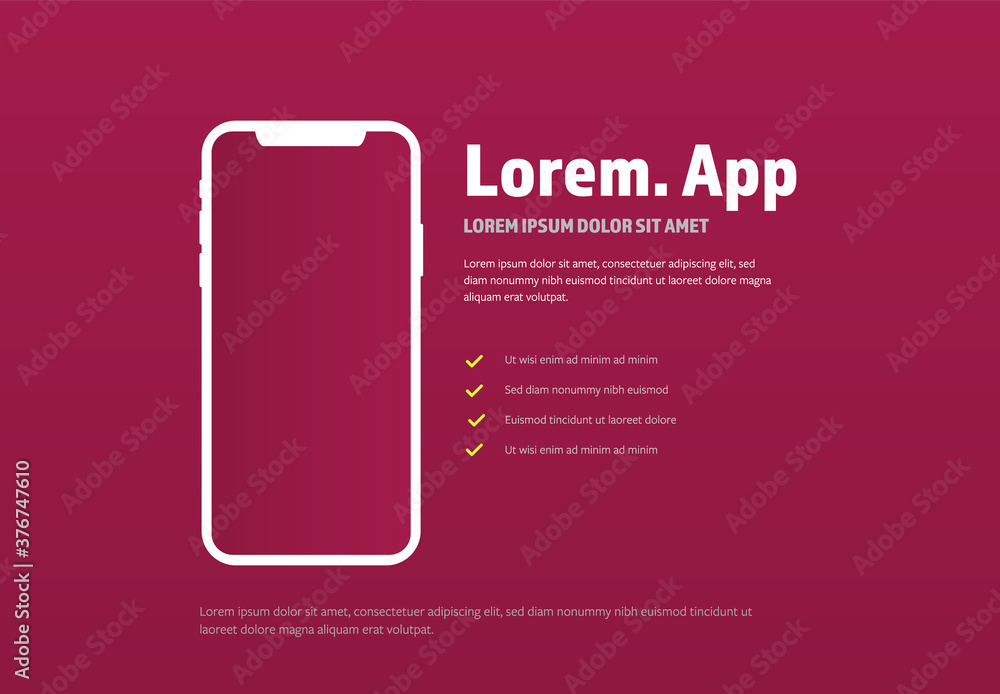 Smartphone shape layout with red background, white device frame with ...