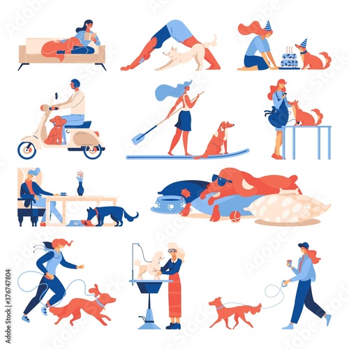 Dogs and owners in various situations. Vector concept collection about rest and sport with puppies, grooming, travelling with pet isolated on white