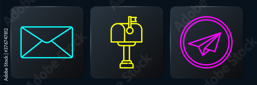 Set line Envelope, Paper plane and Mail box. Black square button. Vector.