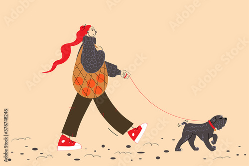 The girl walks the dog. Shopping walk. Vector. Flat style. photo