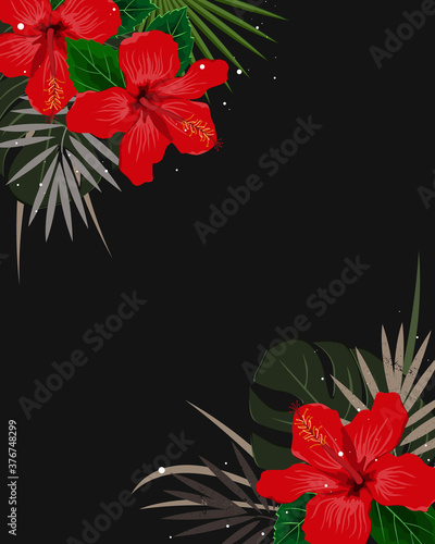 Summer corner border with tropical palm leaves and hibiscus flowers. Tropic frame background. Vector illustration for cards, web page backgrounds, prints