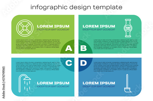 Set line Shower, Industry valve, Mop and Water meter. Business infographic template. Vector.