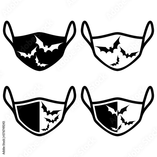 Protective face mask with bats silhouettes, icon set. Vector illustration isolated on white background.