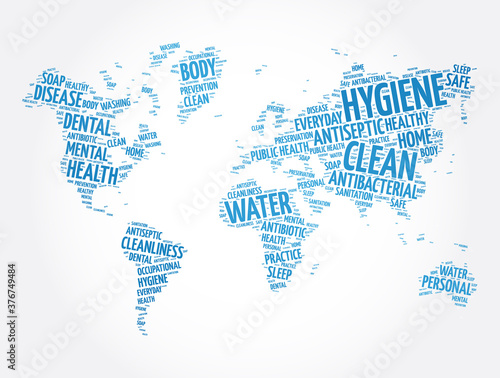 Hygiene word cloud in shape of world map  health concept background