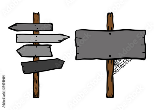 Old wooden signposts set. Colored outline drawing. Vector flat graphic hand drawn illustration. The isolated object on a white background. Isolate.