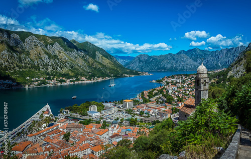 View down the Bay of Kotor, Montenegro in summer