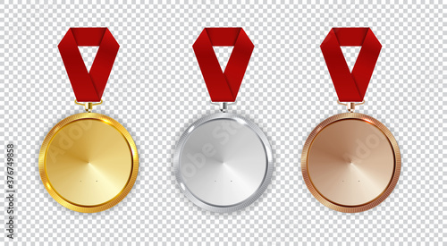 Champion Gold, Silver and Bronze Medal  Icon Sign First, Second and Third Place Collection Set Isolated on White Background. Vector Illustration