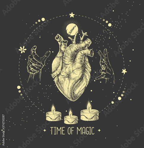Modern witchcraft magic card with human heart. Astrology love horoscope. Vector illustration
