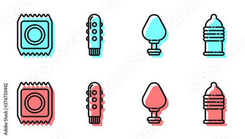Set line Anal plug, Condom in package safe sex, Dildo vibrator and Condom safe sex icon. Vector.