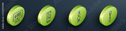 Set Isometric Monitor with 18 plus content, Personal lubricant, Anal beads and Leather whip icon. Vector.