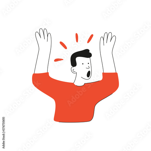 A worried, angry man screams, clenches his fists in frustration, tries to solve complex problems. Stress, Mental disorder, nervous overexertion. Simple flat vector