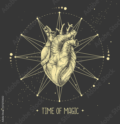 Modern witchcraft magic card with human heart. Astrology love horoscope. Vector illustration