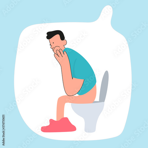 The man on the toilet is constipated. Problems of defecation in humans. Vector illustration of gastroenterology medical posters