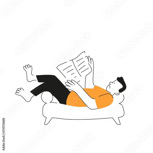 ПечатьA man is lying on the sofa and reading a newspaper. Sedentary lifestyle, press news, leisure activities. A person's lifestyle. Simple vector drawing