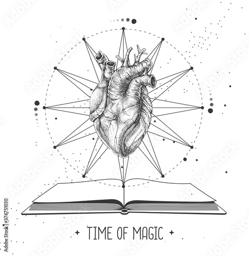 Modern witchcraft magic card with open book and human heart. Astrology love horoscope. Vector illustration