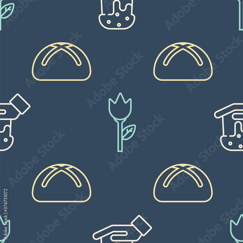 Set line Human hand and easter cake, Easter cake and Flower tulip on seamless pattern. Vector.