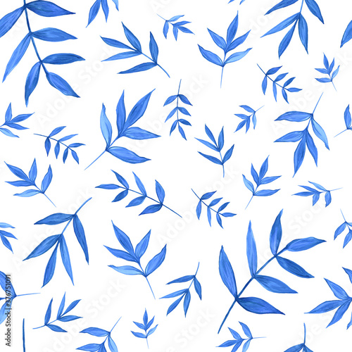 Fototapeta Naklejka Na Ścianę i Meble -  Blue leaves, plants, leaves, branches isolated on a white background. Seamless patterns. Watercolor illustrations