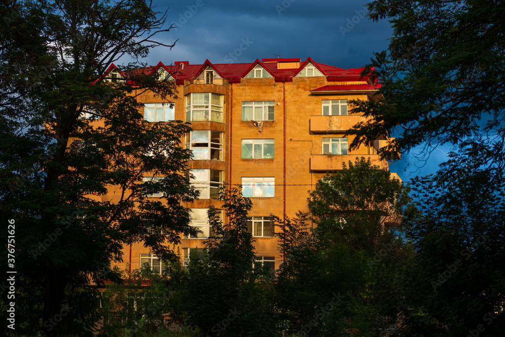 Modern building at sunset time, Vanadzor Modern building at sunset time, Vanadzor
