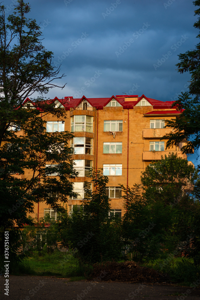 Modern building at sunset time, Vanadzor
