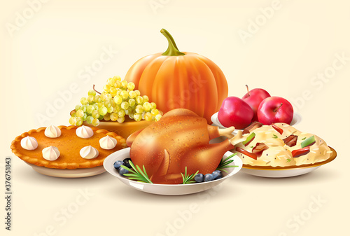 Thanksgiving Day background with pumpkin and traditional dishes. Vector illustration.