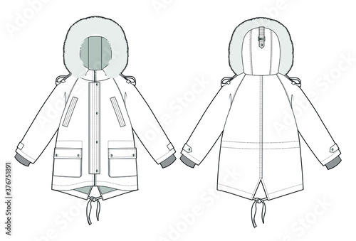 Faux fur parka, vector sketch. Kids wear
