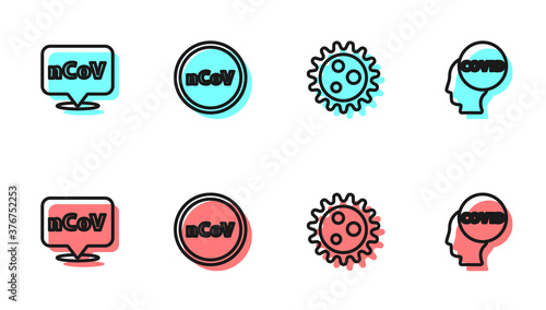 Set line Virus, Corona virus 2019-nCoV on location, and covid-19 icon. Vector.