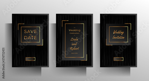 Wedding invitation template set. Strict design with black striped texture. Vector 10 eps.