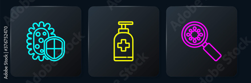 Set line Shield protecting from virus, Virus under magnifying glass and Bottle of liquid antibacterial soap. Black square button. Vector.