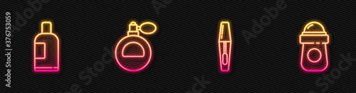 Set line Mascara brush, Bottle of shampoo, Perfume and Antiperspirant deodorant roll. Glowing neon icon. Vector.
