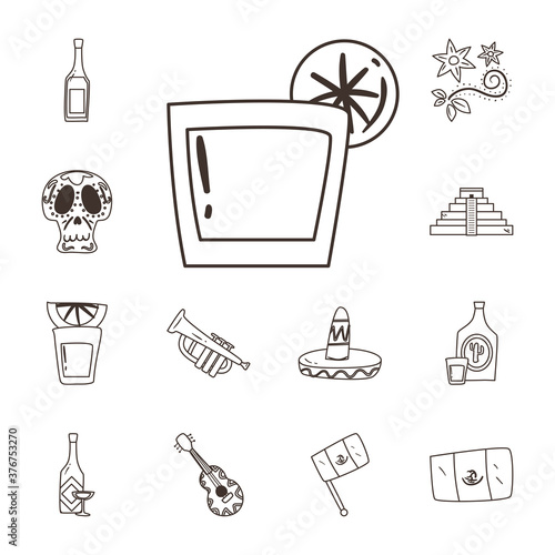 mexican tequila shot and free form line style icon set vector design