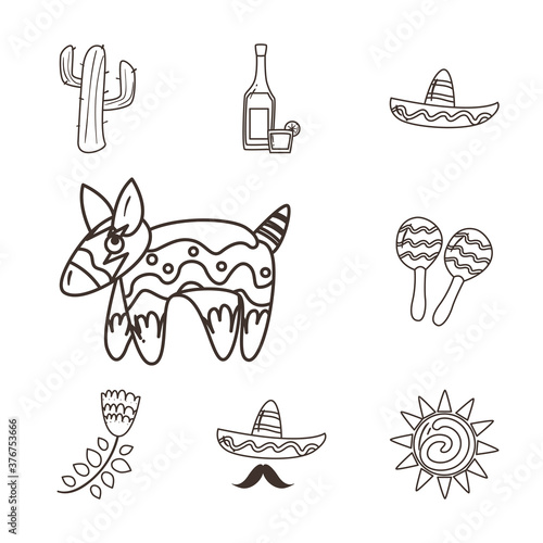 mexican pinata and free form line style icon set vector design