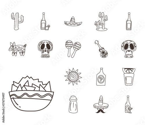 Mexican nachos bowl free form line style icon set vector design