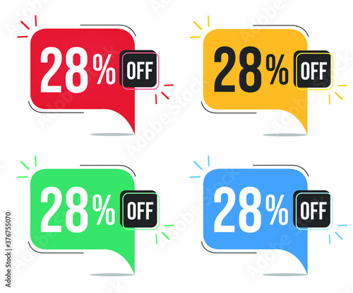 28% off. Red, yellow, green and blue tags with twenty-eight percent discount. Banner with four colorful balloons with special offers vector.
