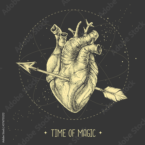 Modern magic witchcraft card with realistic human heart pierced by arrow on space background. Vetor illustration