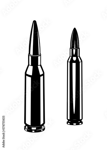 Vintage monochrome cartridge for machine gun illustrations. Isolated vector template